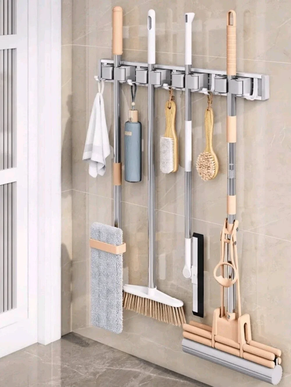 Rubbermaid Beige and Gray Wall-Mounted Mop and Broom Organizer